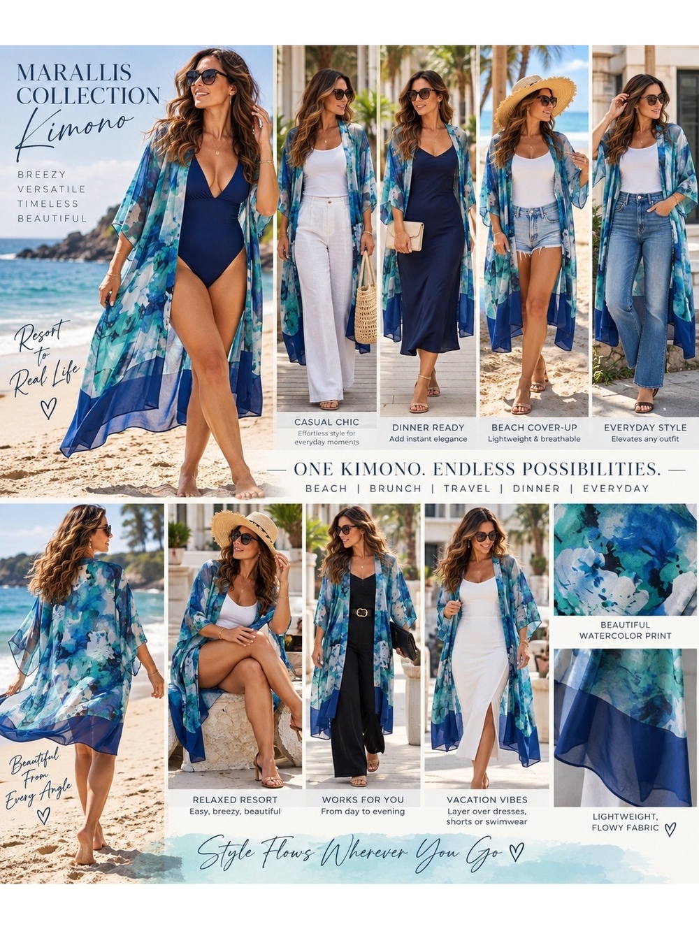 Marallis Collection Blue Watercolor Kimono Jacket Open Front Duster NWOT